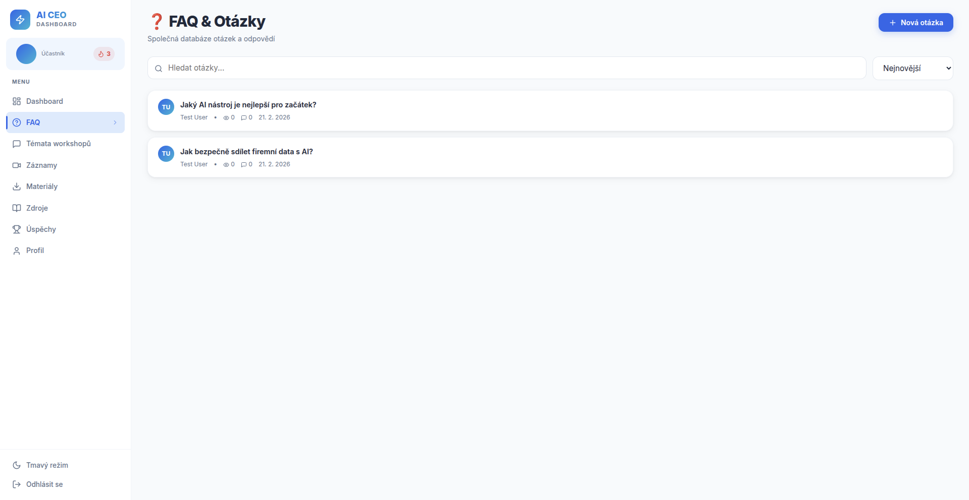 Screenshot – FAQ a otázky