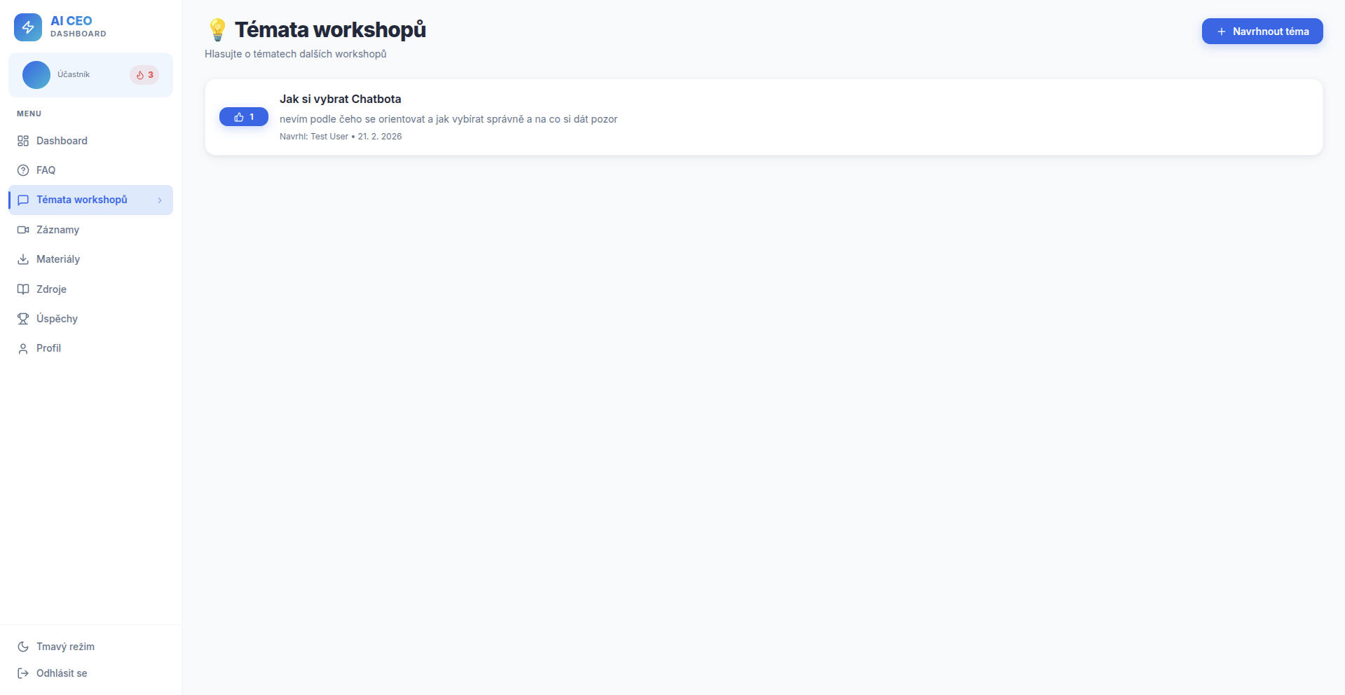 Screenshot – Témata workshopů a hlasování